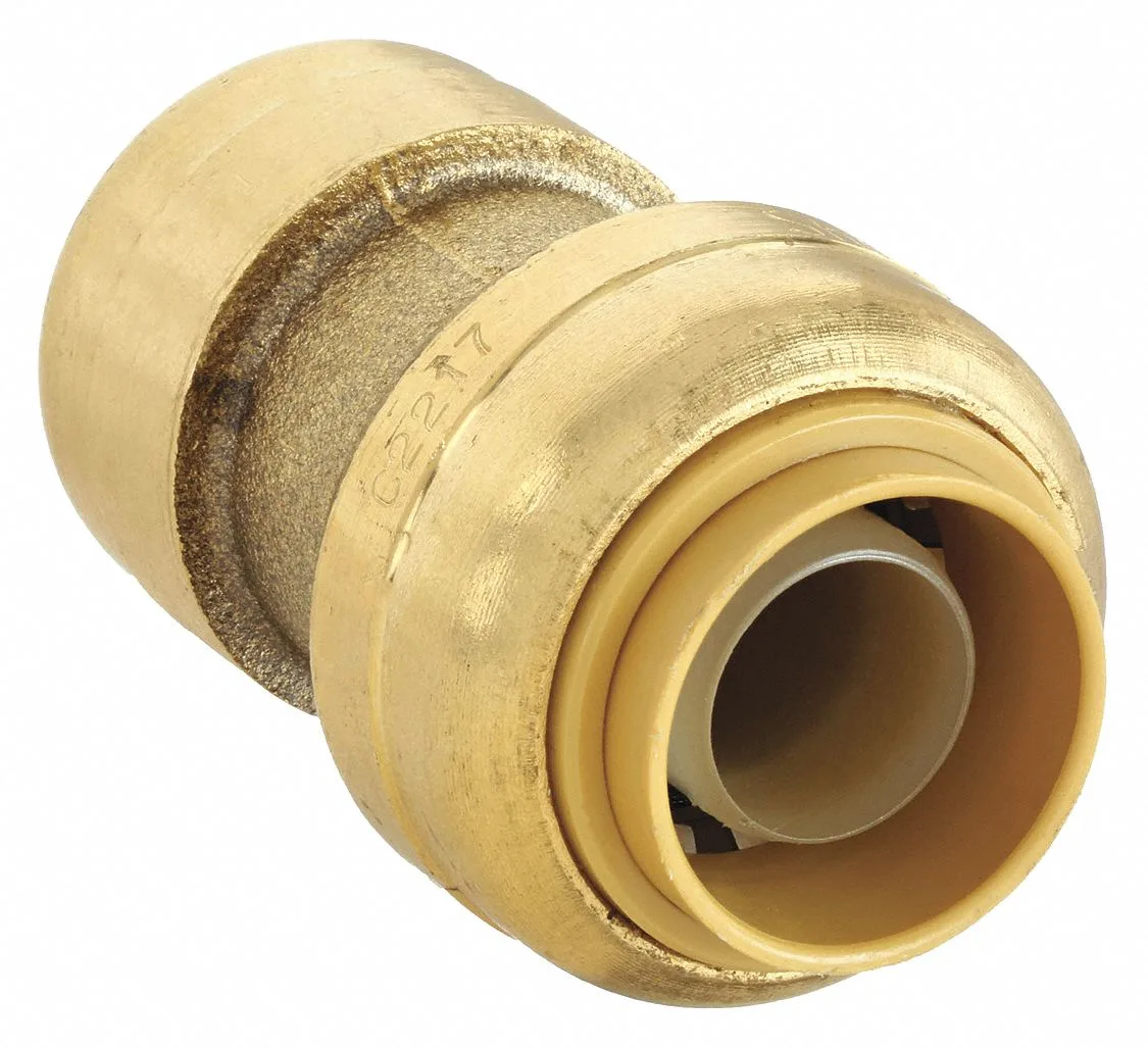 Brass push-fit coupling, 3/8 by 1/2 inch tube size