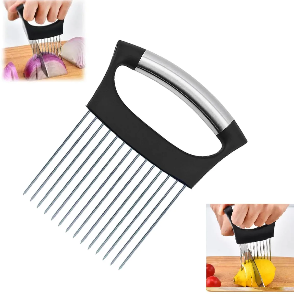 Black stainless steel onion holder with 14 needles, 5x4x1 in