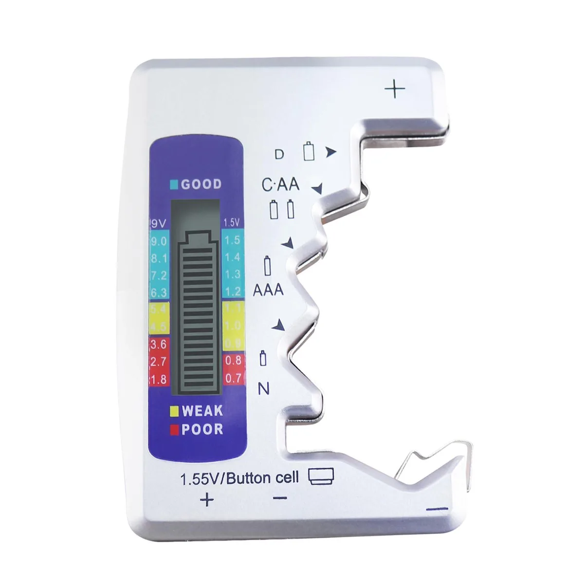 Compact rectangular battery tester with LCD bar graph and adjustable slider contacts