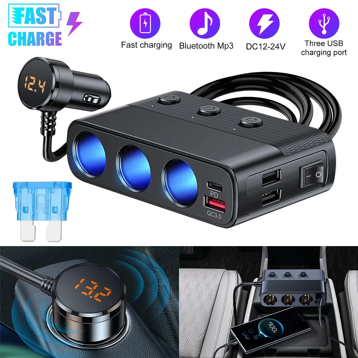 NSI NSI YDF02885456 7-in-1 3-Way Car Cigarette Lighter Splitter PD QC 3.0 Black — product photo