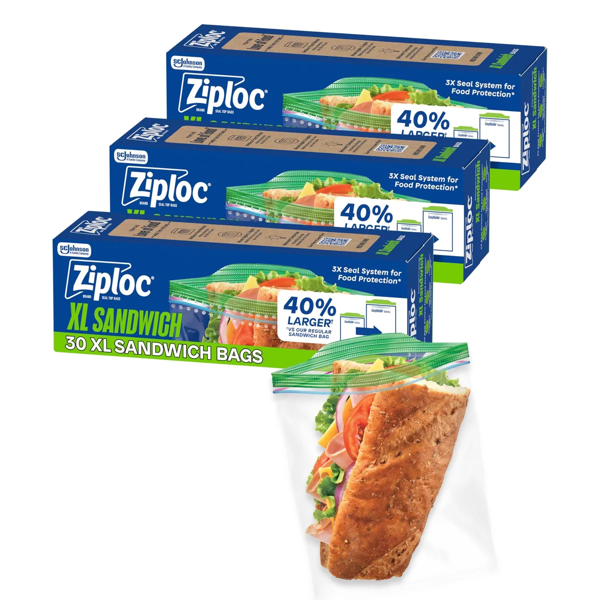 A rectangular cardboard box containing 90 plastic sandwich and snack bags with double zipper closure in assorted colours