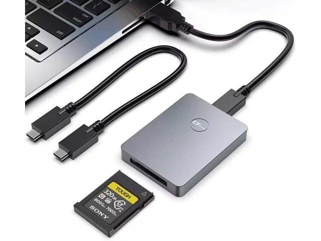 Compact black CFexpress Type A card reader with USB-C and USB-A connectors