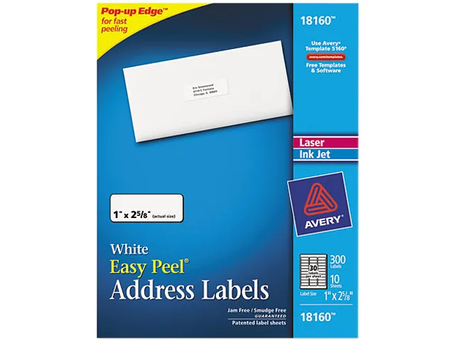 Avery Avery 18160 label pack, 300 count, 1 x 2-5/8 in, white, inkjet compatible — product photo