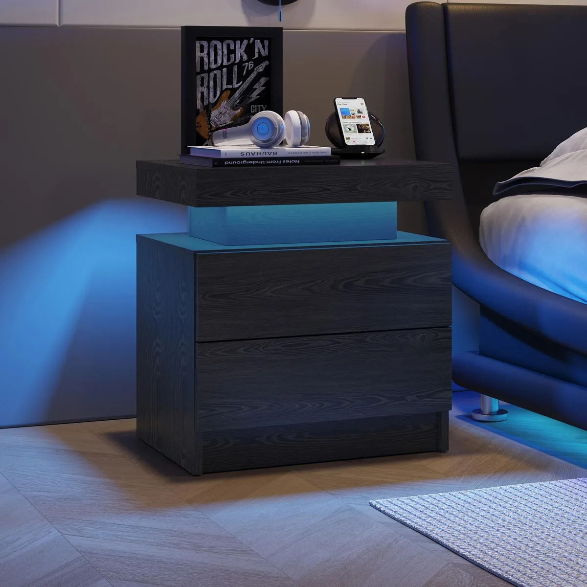 tuphen tuphen LED Nightstand 2 Drawers Black Woodgrain Bedroom Set — product photo
