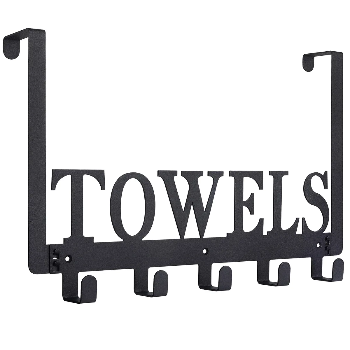 Black metal over-door towel rack with two removable rods, sandblasted finish, 15 inch wide