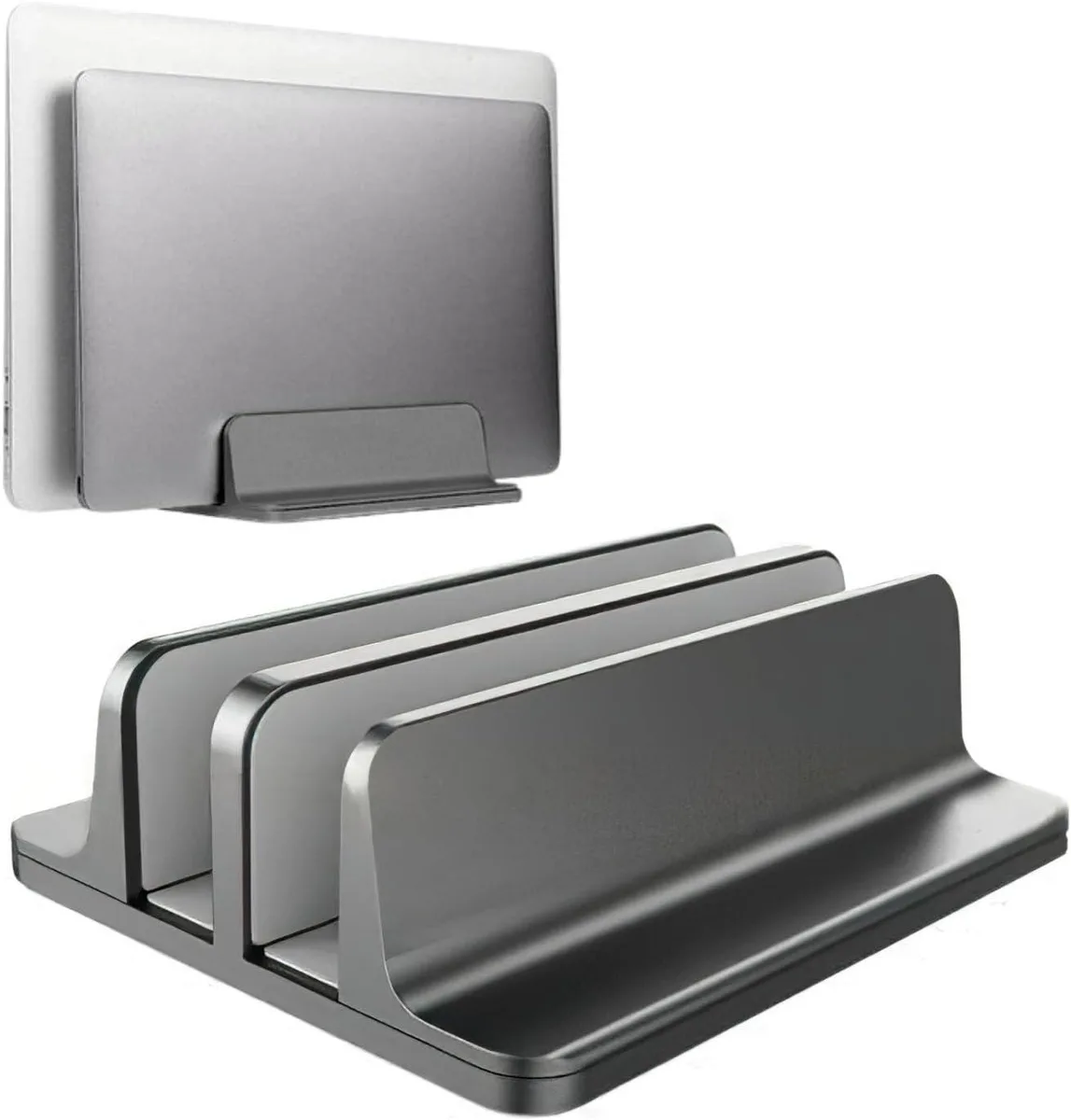 Dual vertical laptop stand in silver anodized aluminium with adjustable slots and silicone lining