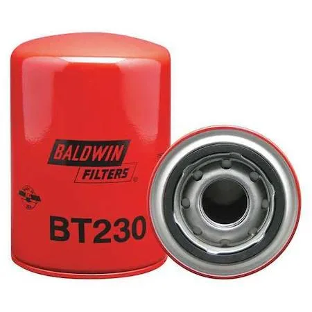 Silver cylindrical spin-on oil filter with 1-1/8 inch thread and 5-3/8 inch length