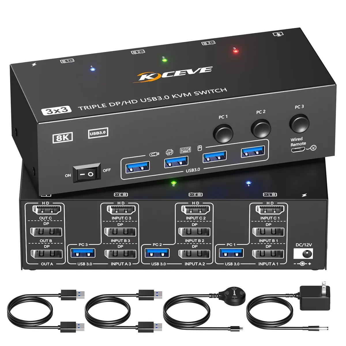 Vszerda Vszerda KC-KVM303DH-US Triple Monitor KVM Switch 3 PC 8K 60Hz 4K 144Hz 4 USB 3.0 Wired Remote — product photo