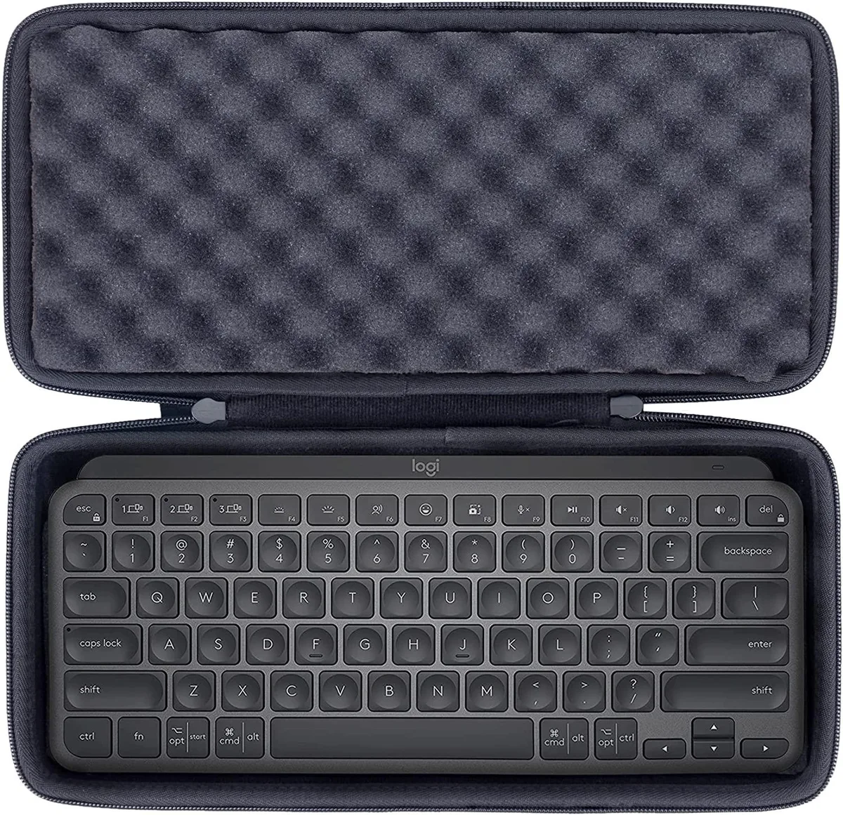 Grey hard-shell EVA travel case with hand strap and zipper, shaped for compact keyboard and mouse