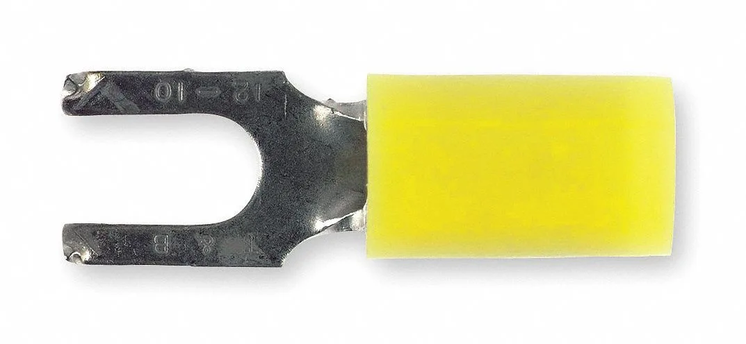 Yellow nylon insulated fork terminal with tin-plated copper barrel and #10 stud opening