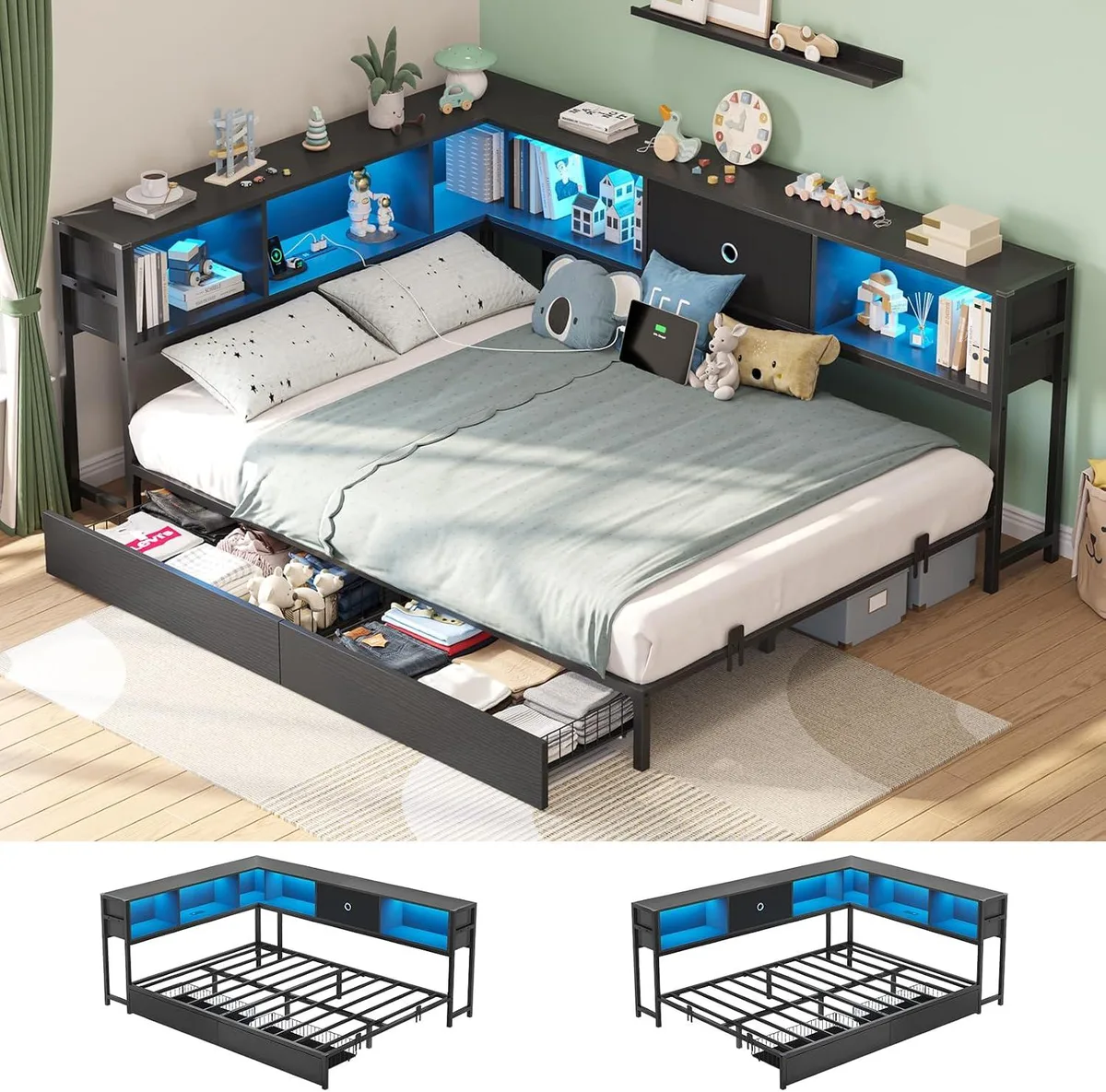 BFKK BFKK Full Corner Bed Frame with Storage Drawers and Bookcase Headboard, Charging Station and LED Lights, Black — product photo