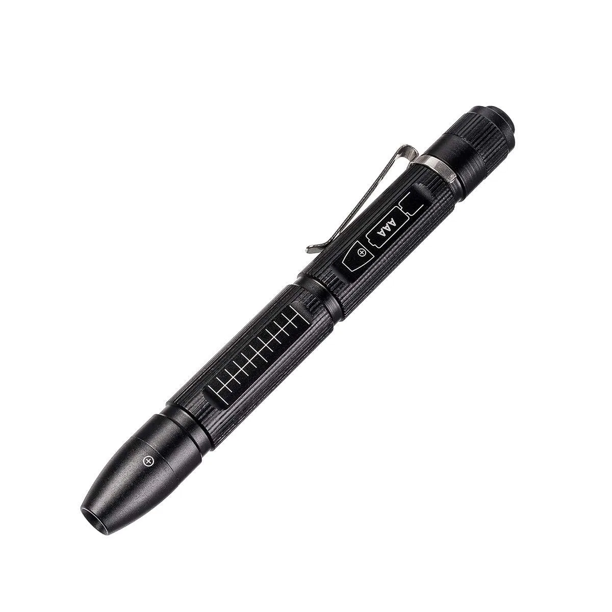 Silver aluminium penlight with pocket clip and ruler markings 133 mm long