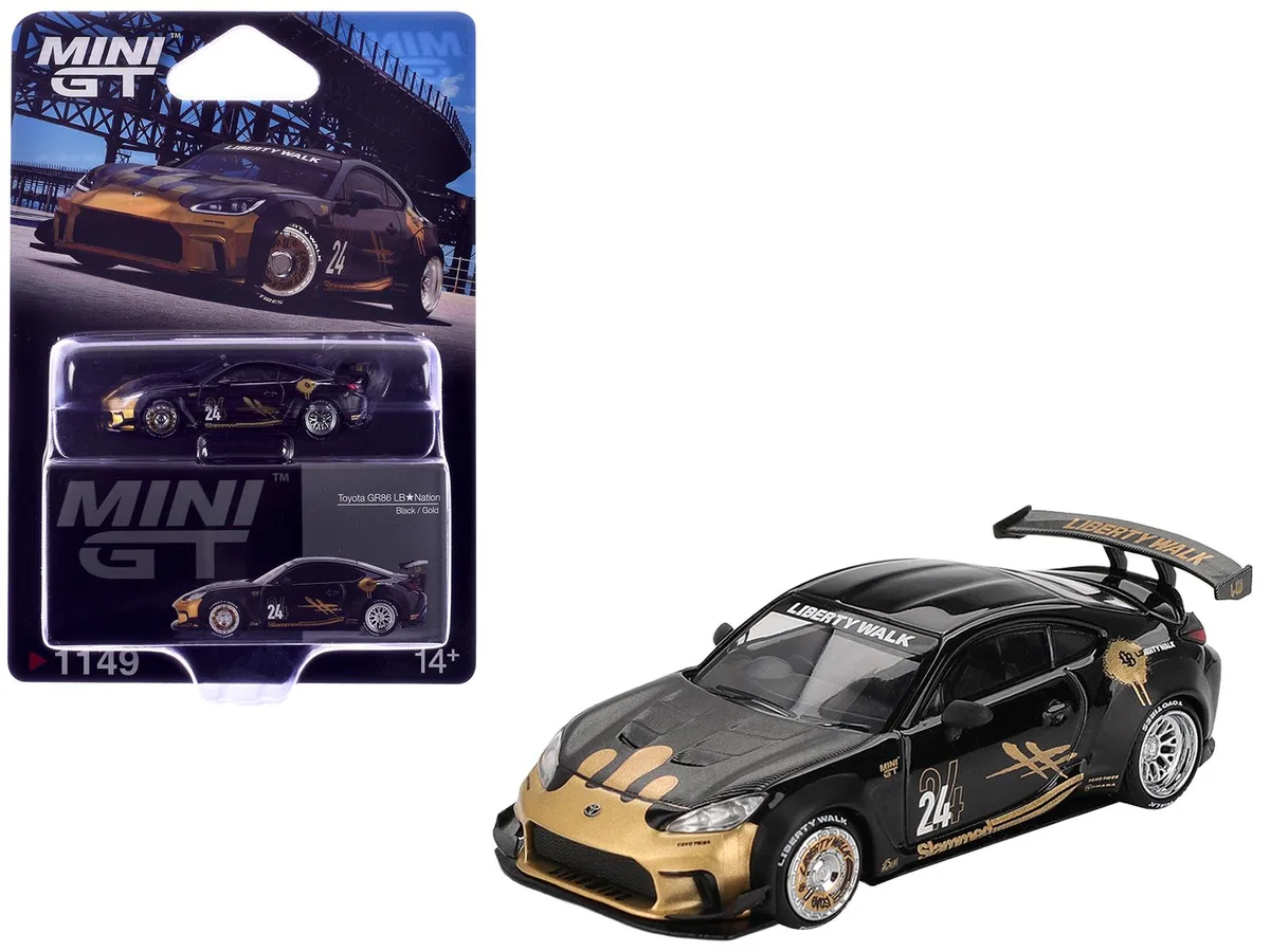 Mini GT Mini GT Toyota GR86 LB-Nation Liberty Walk #24 Black Carbon Hood Gold Graphics 1/64 Diecast hobby collectible — product photo