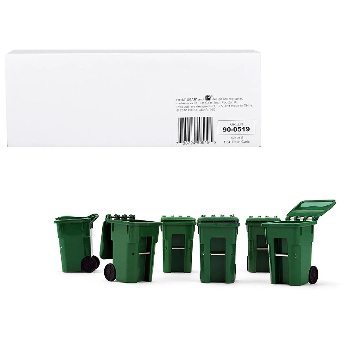 First Gear First Gear Set of 6 Green Garbage Bin Containers 1/34 Scale 1.5 inch — product photo