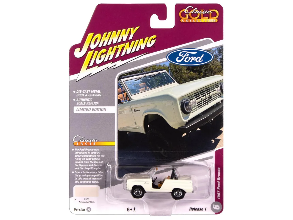 JOHNNY LIGHTNING JOHNNY LIGHTNING 1967 Ford Bronco Wimbledon White Classic Gold Collection 1/64 hobby collectible — product photo