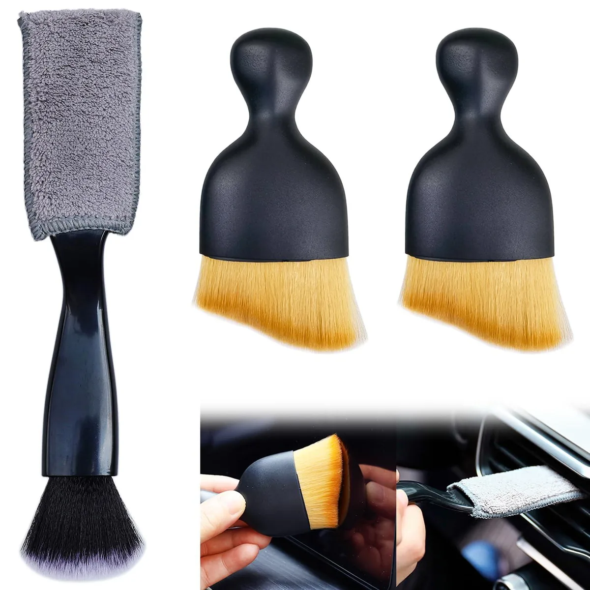 Three black dual-head interior dusters with nylon and coral fleece ends