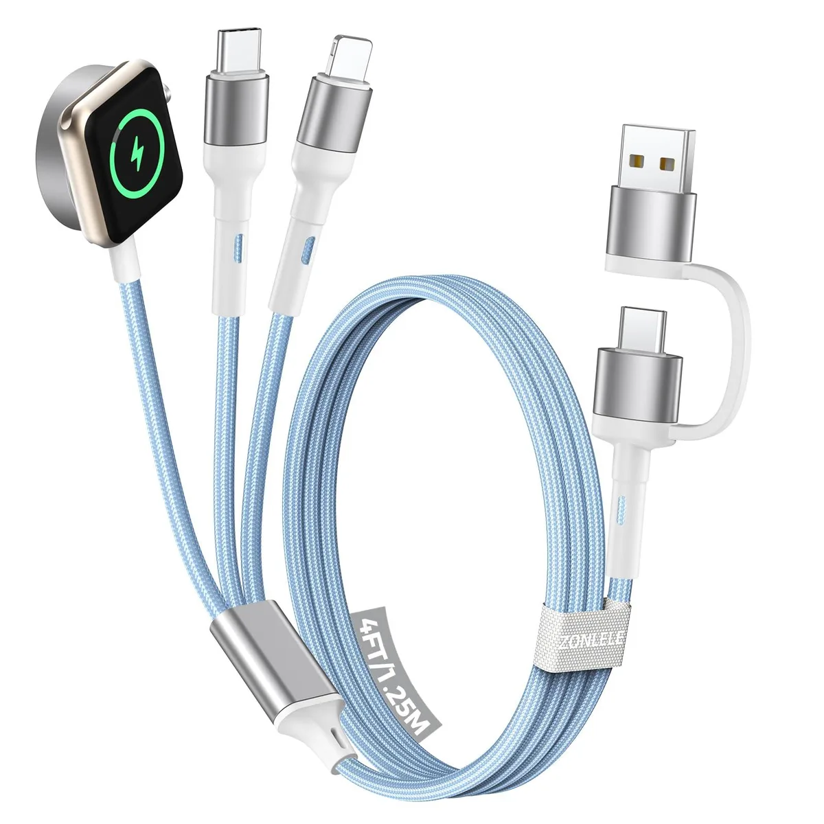 Blue 4ft braided multi cable with USB-A, USB-C, Lightning and Apple Watch connectors