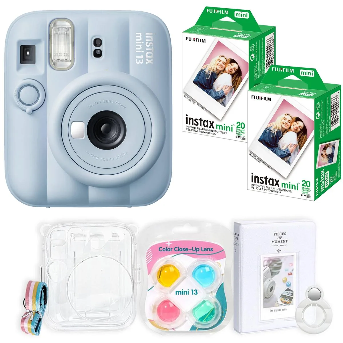 Blue Instax Mini 13 instant camera with wrist strap and selfie mirror