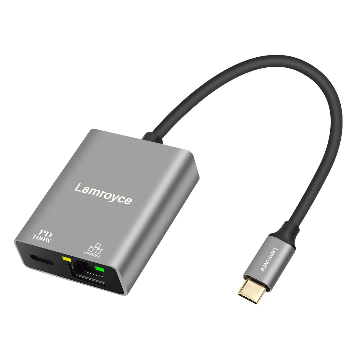 Space Gray USB-C dongle with RJ45 port and 100W PD pass-through