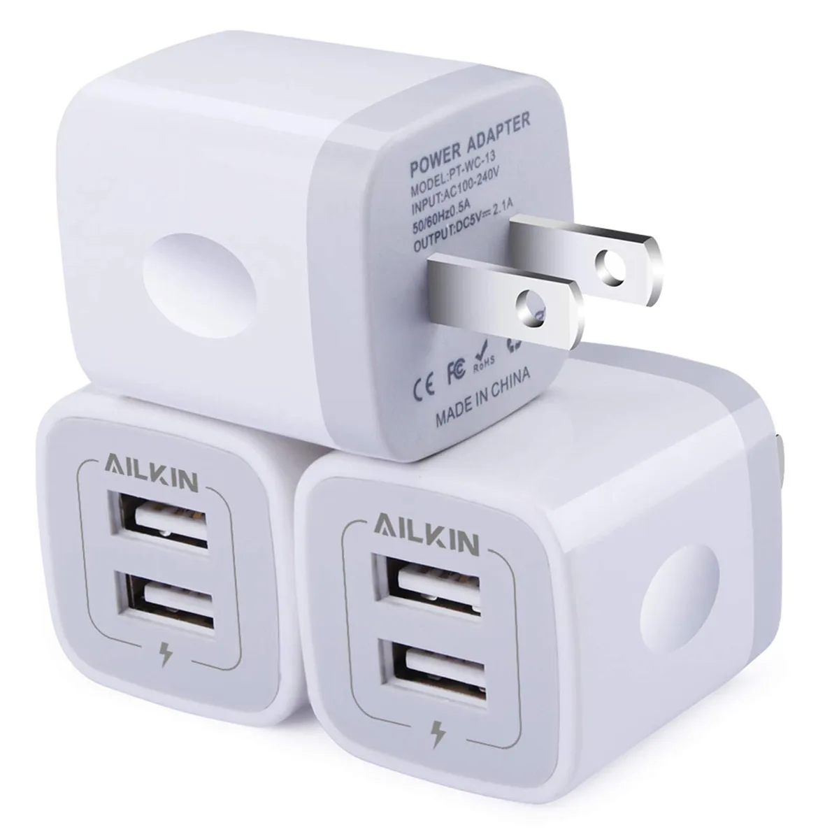 No Sew No Sew AILKIN PT-WC-13 2-Port USB Wall Charger 3-Pack 5V 2.1A White — product photo
