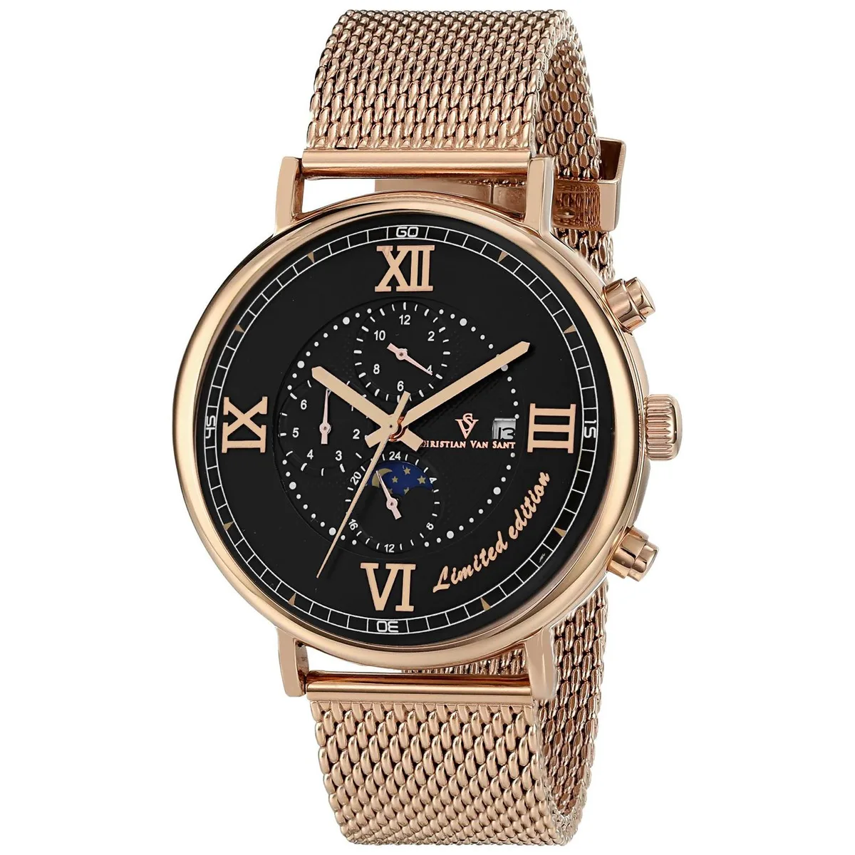Stainless steel automatic chronograph with black dial and mesh bracelet