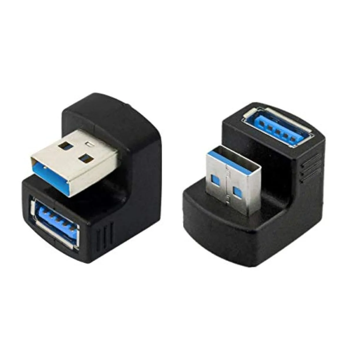 Two black USB 3.0 angled adapters one pointing up one down 180 degree connectors