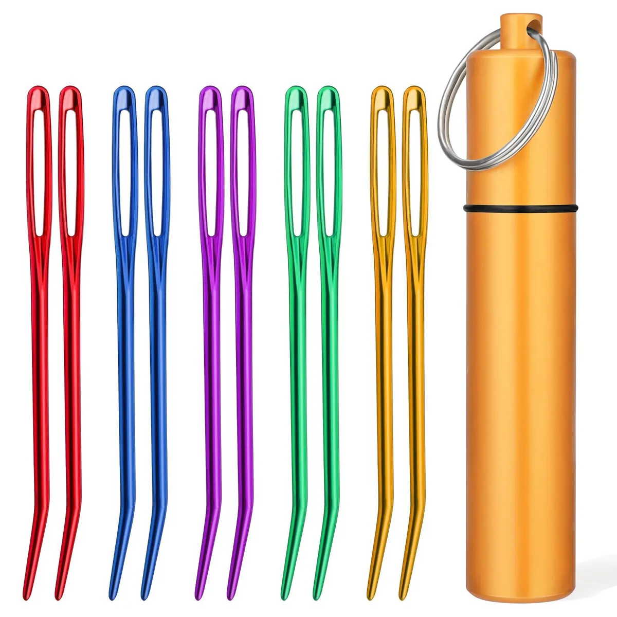 Ten curved metal darning needles in assorted colours inside a silver aluminium storage bottle