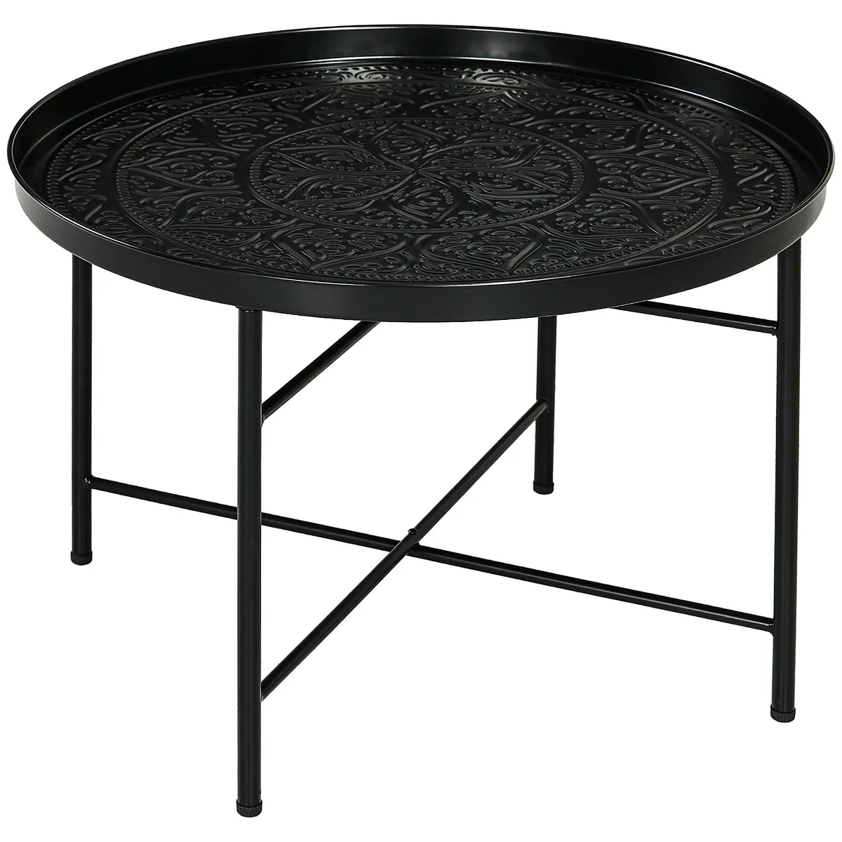 Black round metal coffee table with hammered tray top, 24 inch diameter