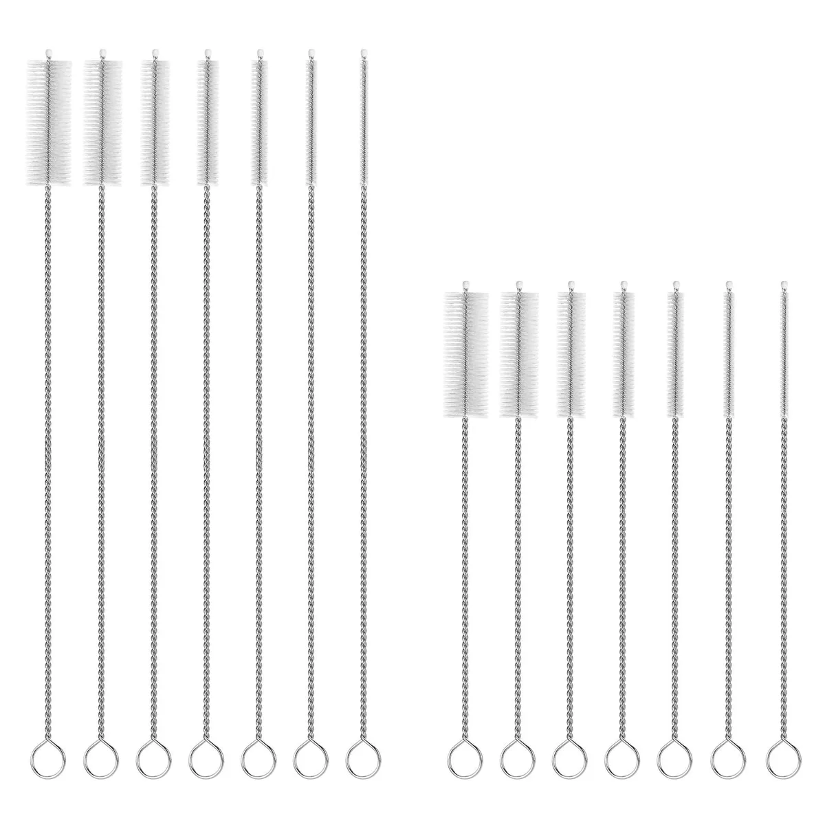 Fourteen flexible nylon brushes in 8 and 12 inch lengths with stainless steel wire cores and hanging loops