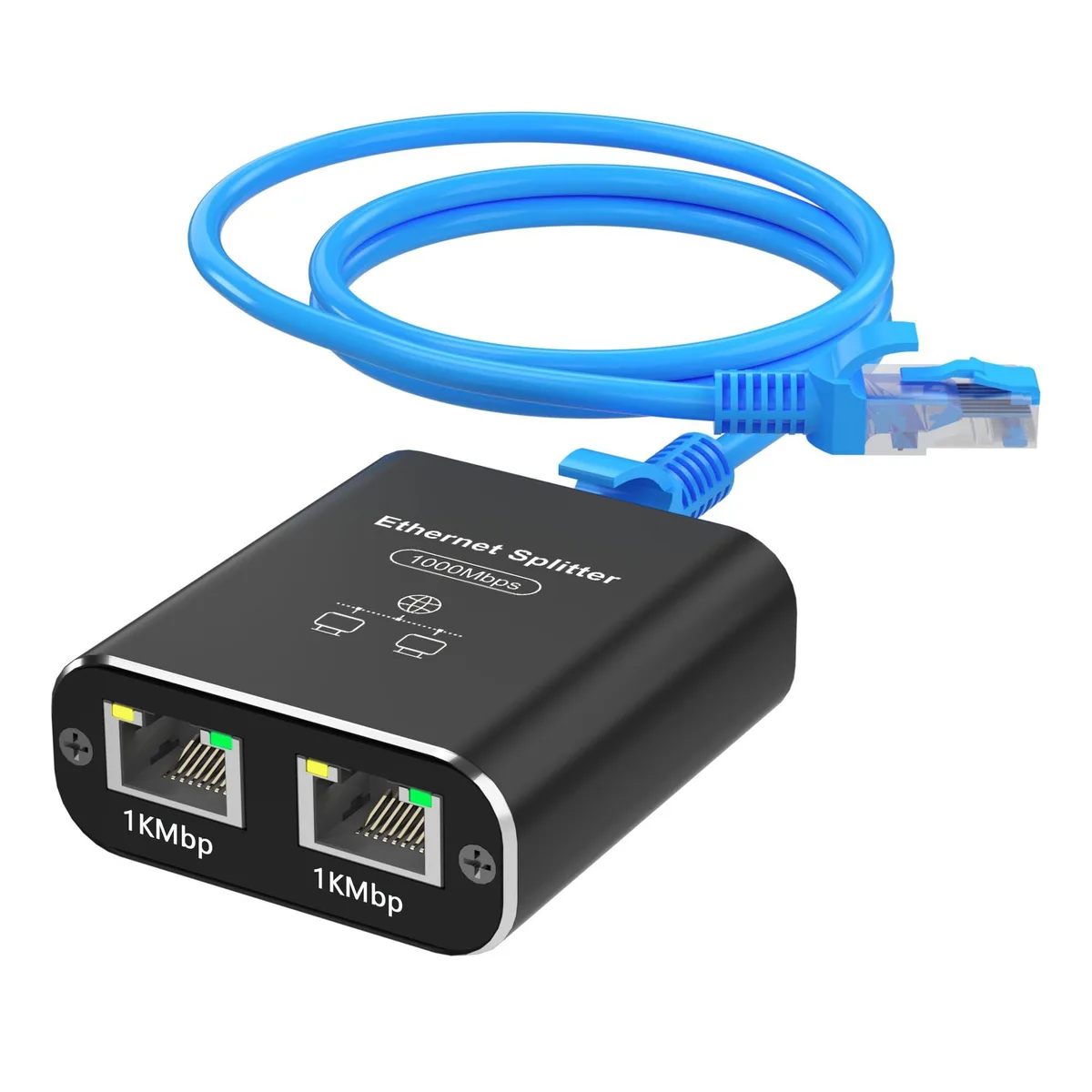 Black aluminium RJ45 splitter box with short Cat6 cable and USB power lead
