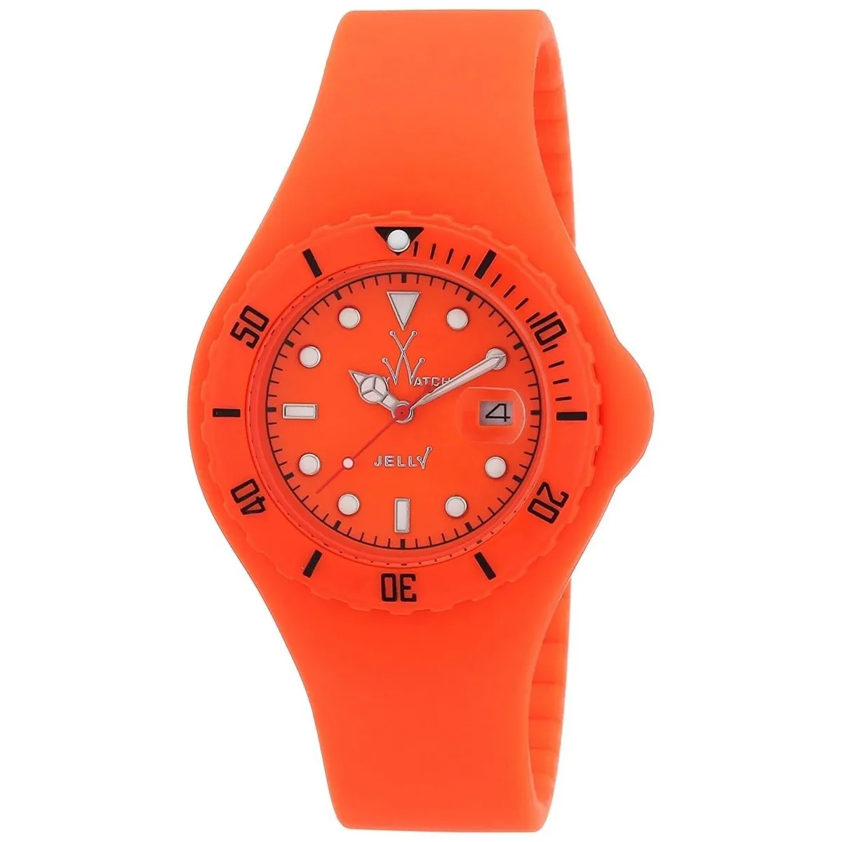 Orange dial watch with silicone strap and plastic case