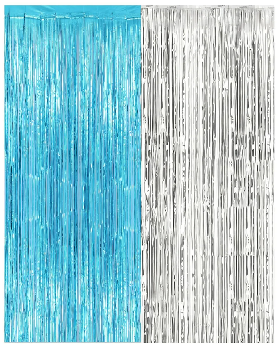 Two blue-silver foil fringe curtains, 3.31x6.6ft each, shiny metallic strips hanging vertically