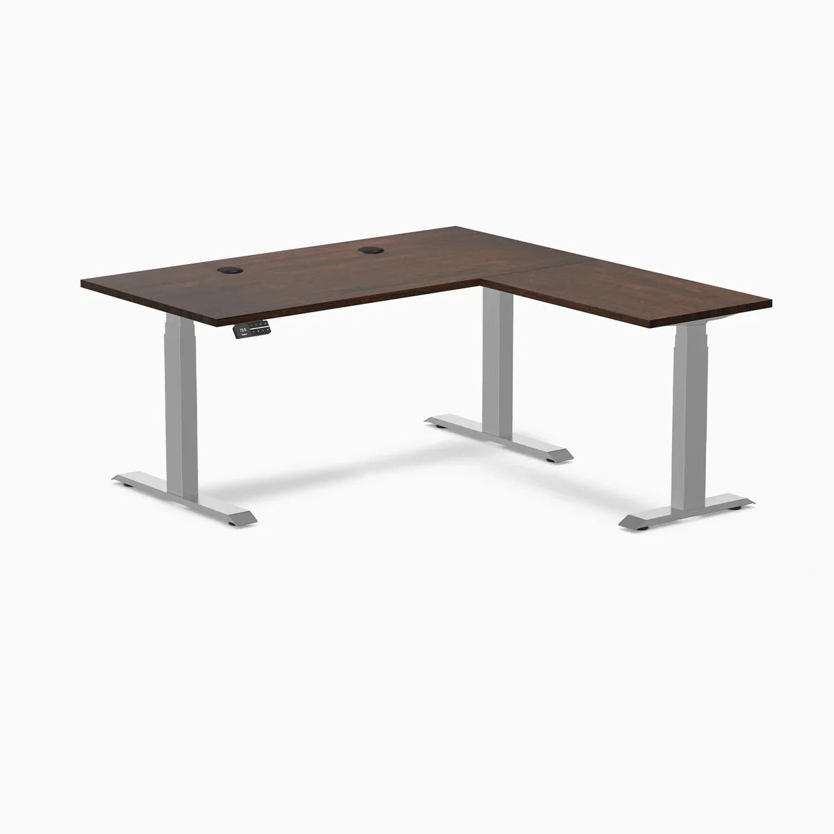 Desky Desky Rubberwood L-Shape Sit Stand Desk Dark Walnut Grey 60 x 30 x 62 x 20 in with Grommets — product photo