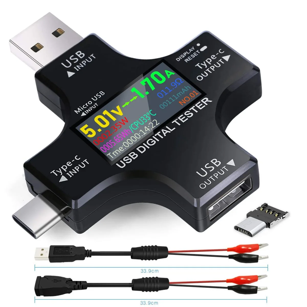 Compact rectangular USB-C multimeter with IPS colour screen and clip cable