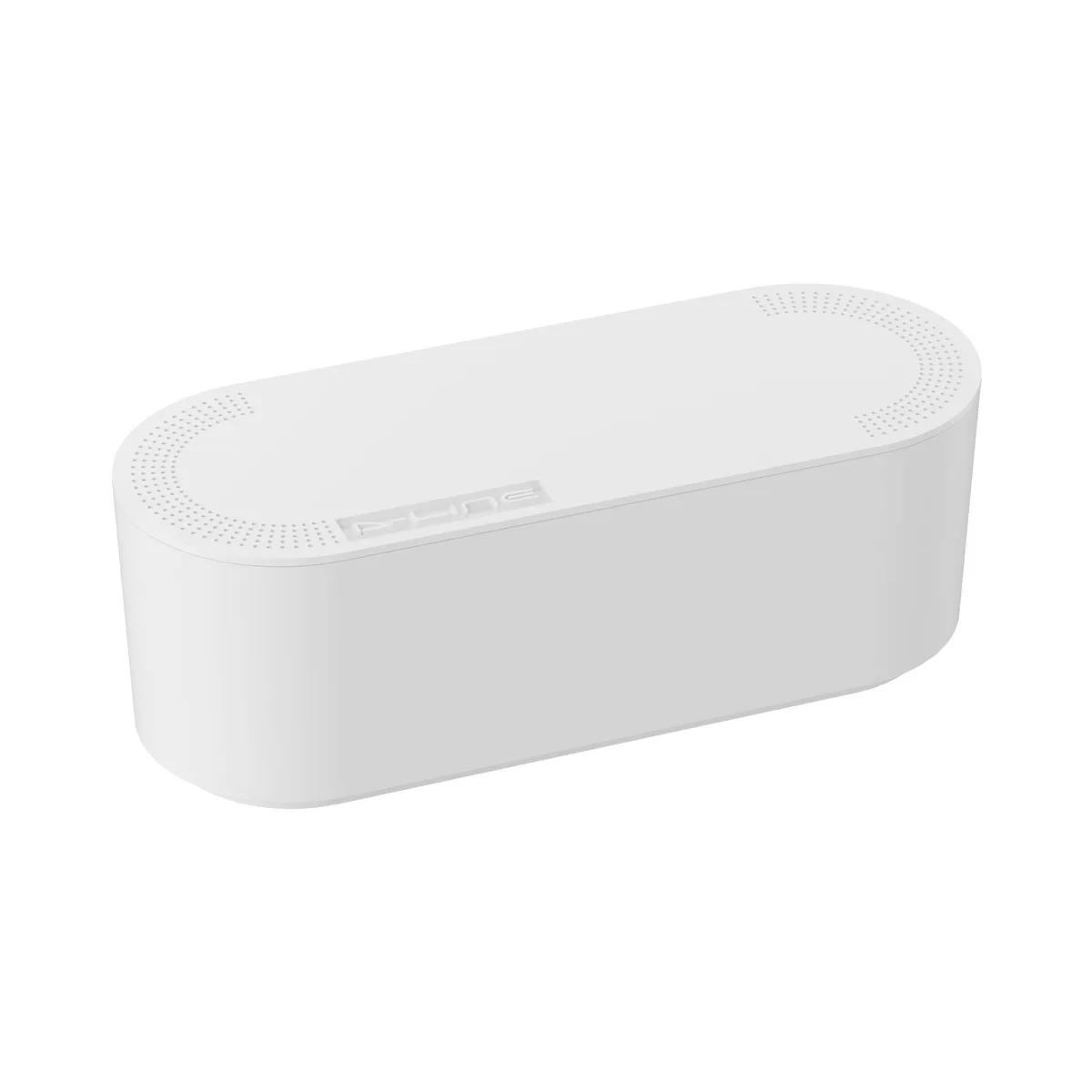 Small white plastic cable management box with click-lock lid and rear cable slots