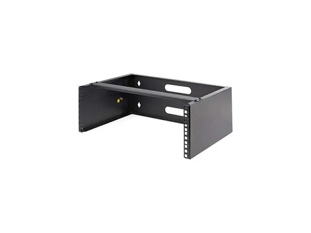 Black steel 4U open-frame wall rack, 19 inch wide, 14 inch deep, L-shaped square-hole rails, fully assembled