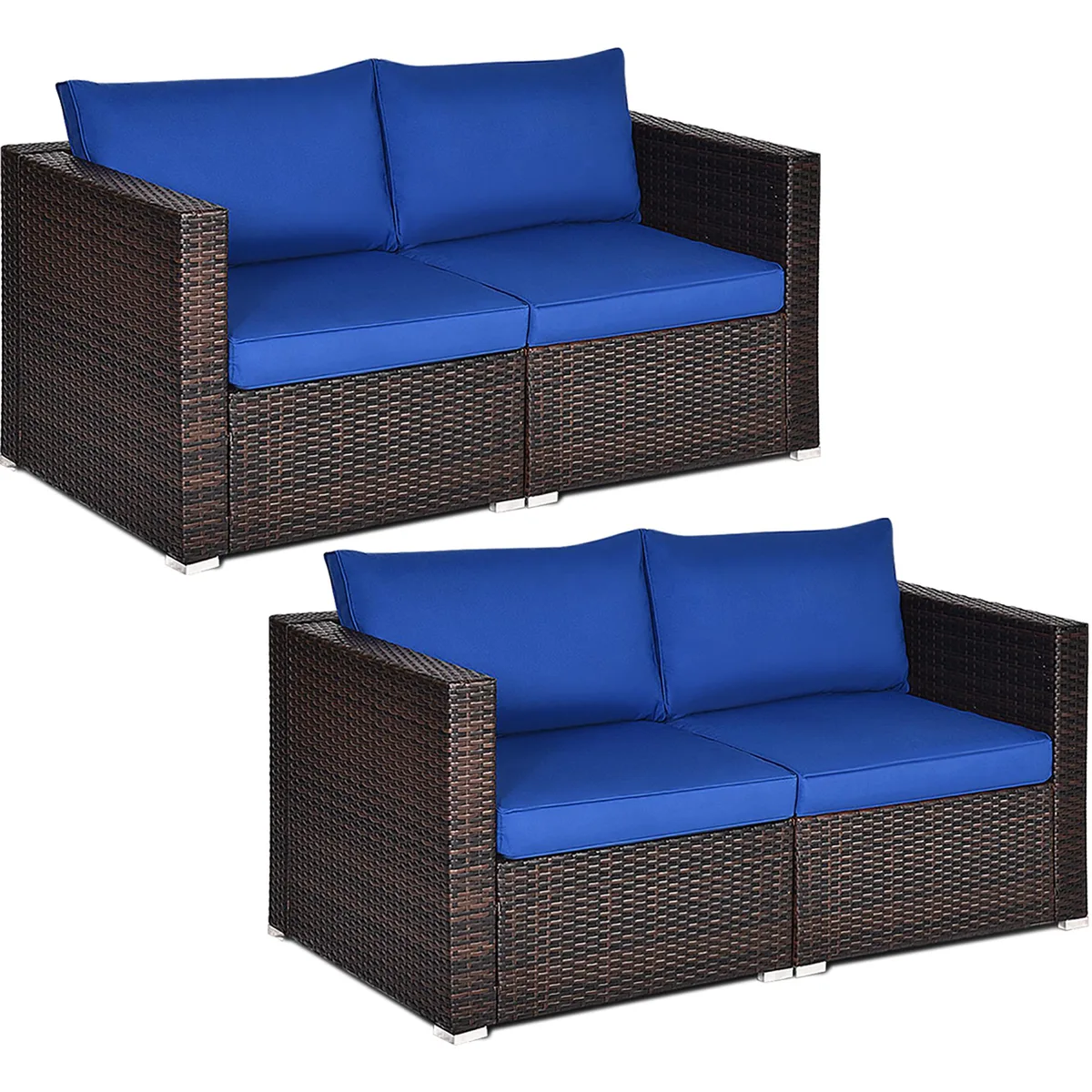 Four-piece navy-cushioned rattan corner sofa sectional on powder-coated steel frame