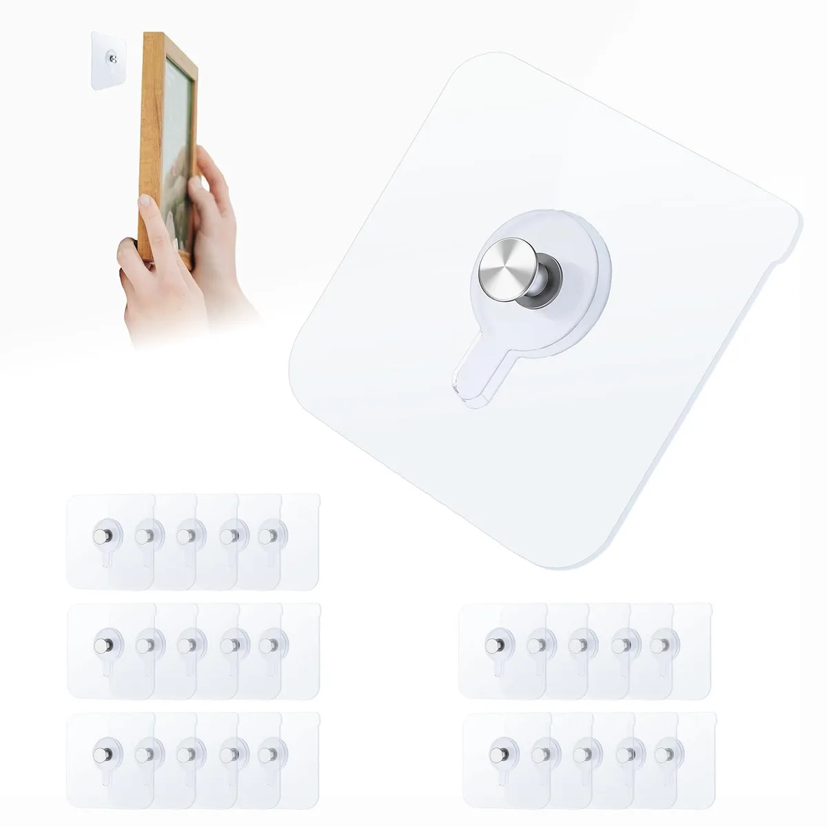 Twenty-five square white adhesive hooks on a backing sheet