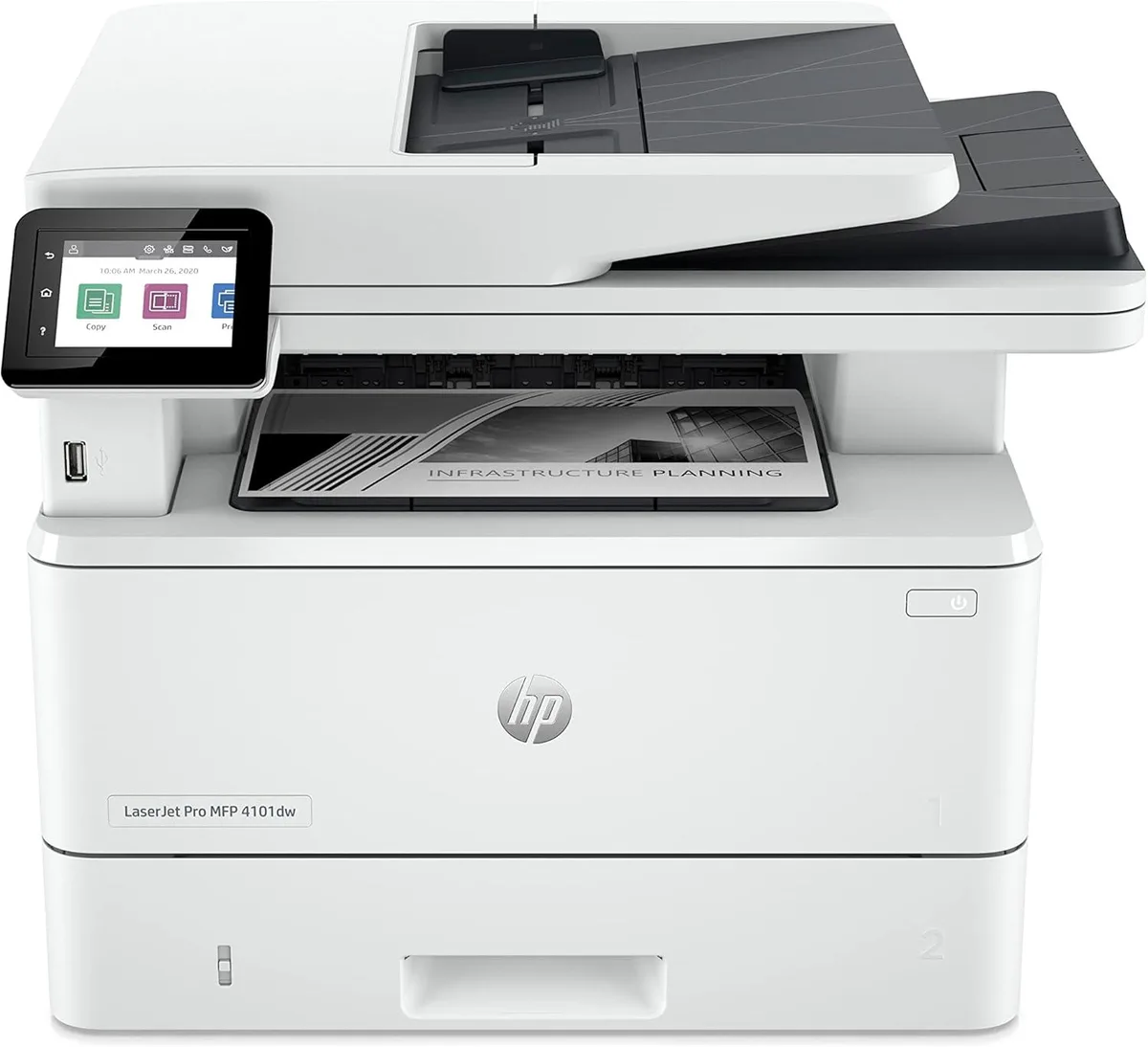 White boxy office printer with flat scanner lid and front paper tray