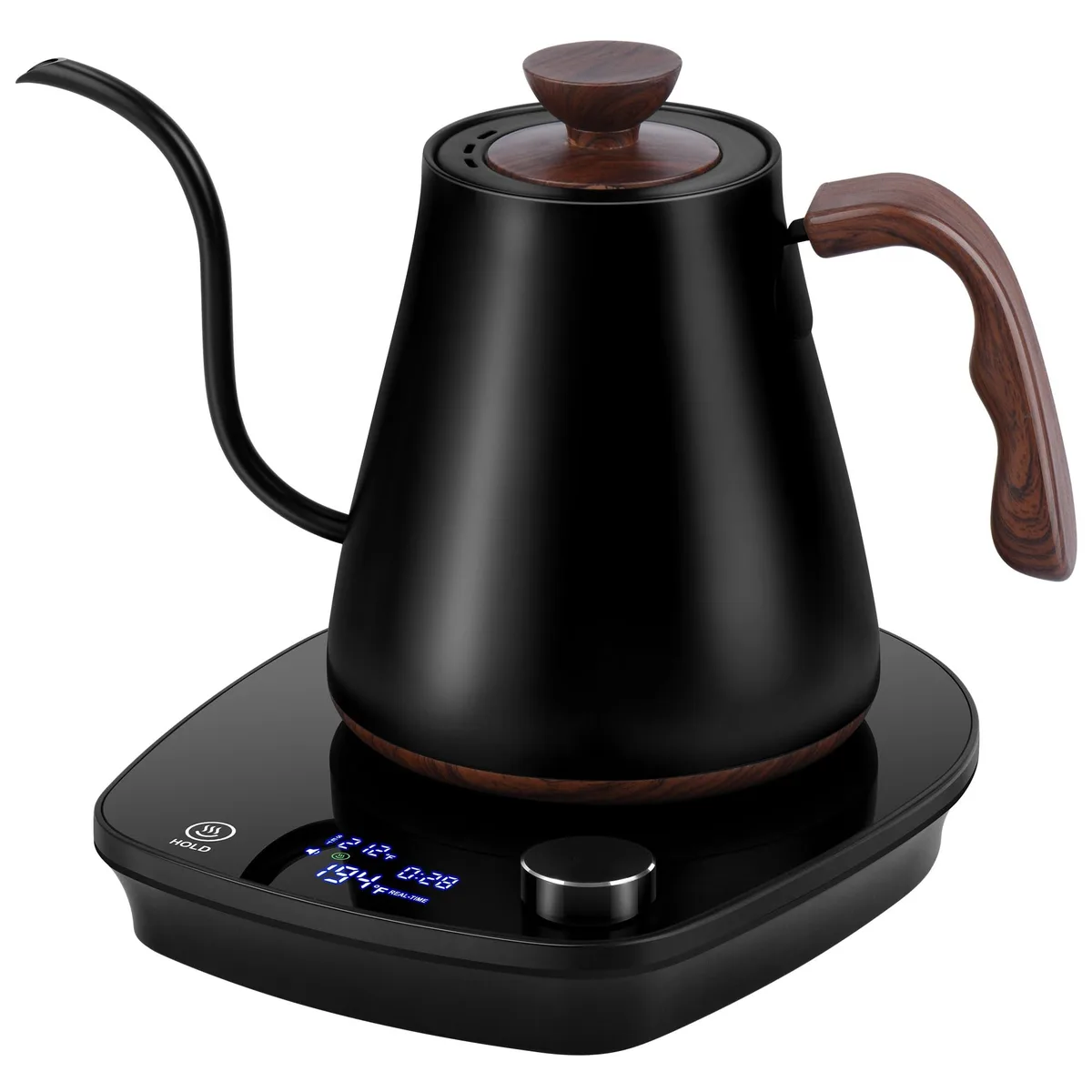 Black gooseneck electric kettle with wood-look handle and lid, LED display on base
