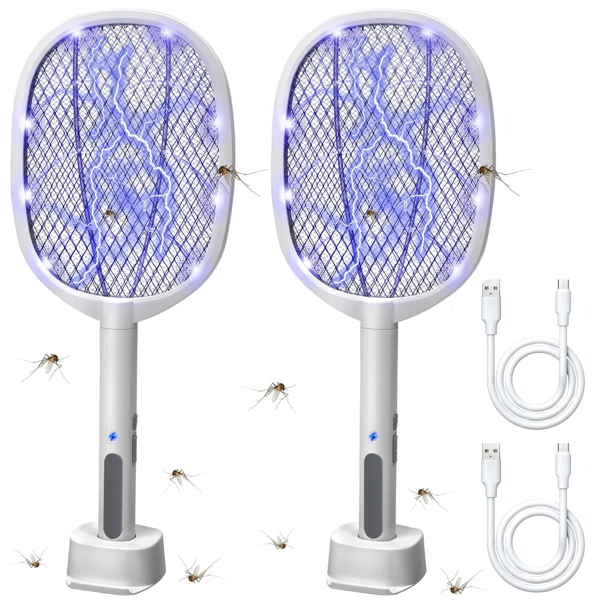 Two white electric bug zapper rackets with blue LED lights and charging base