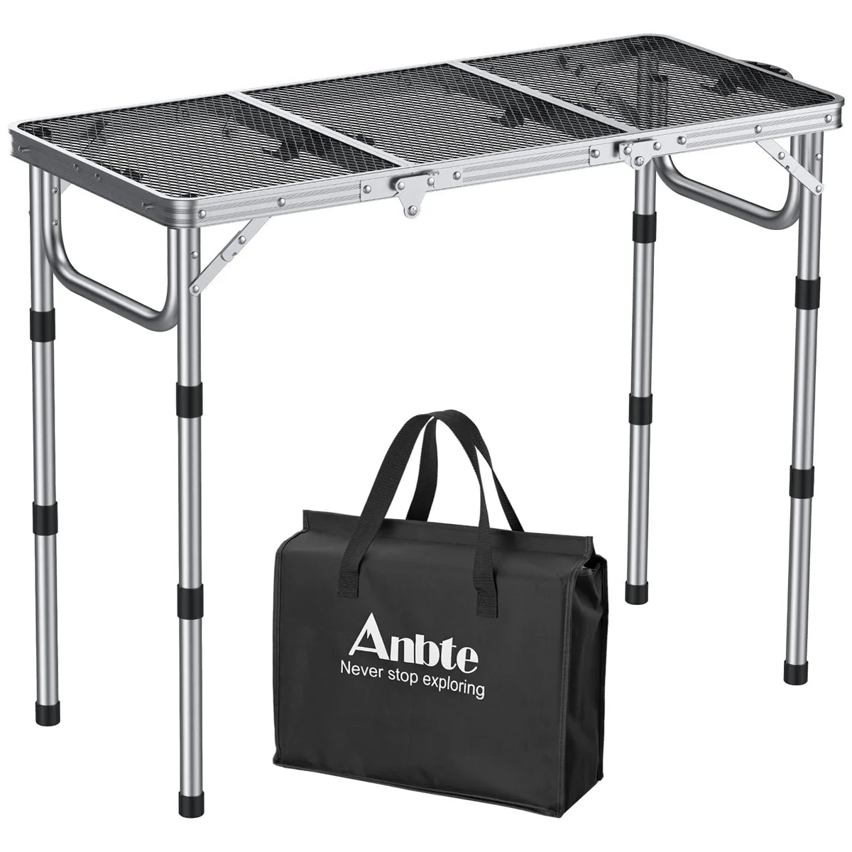 Silver rectangular folding grill table with adjustable legs and mesh top, folded flat with carry handle