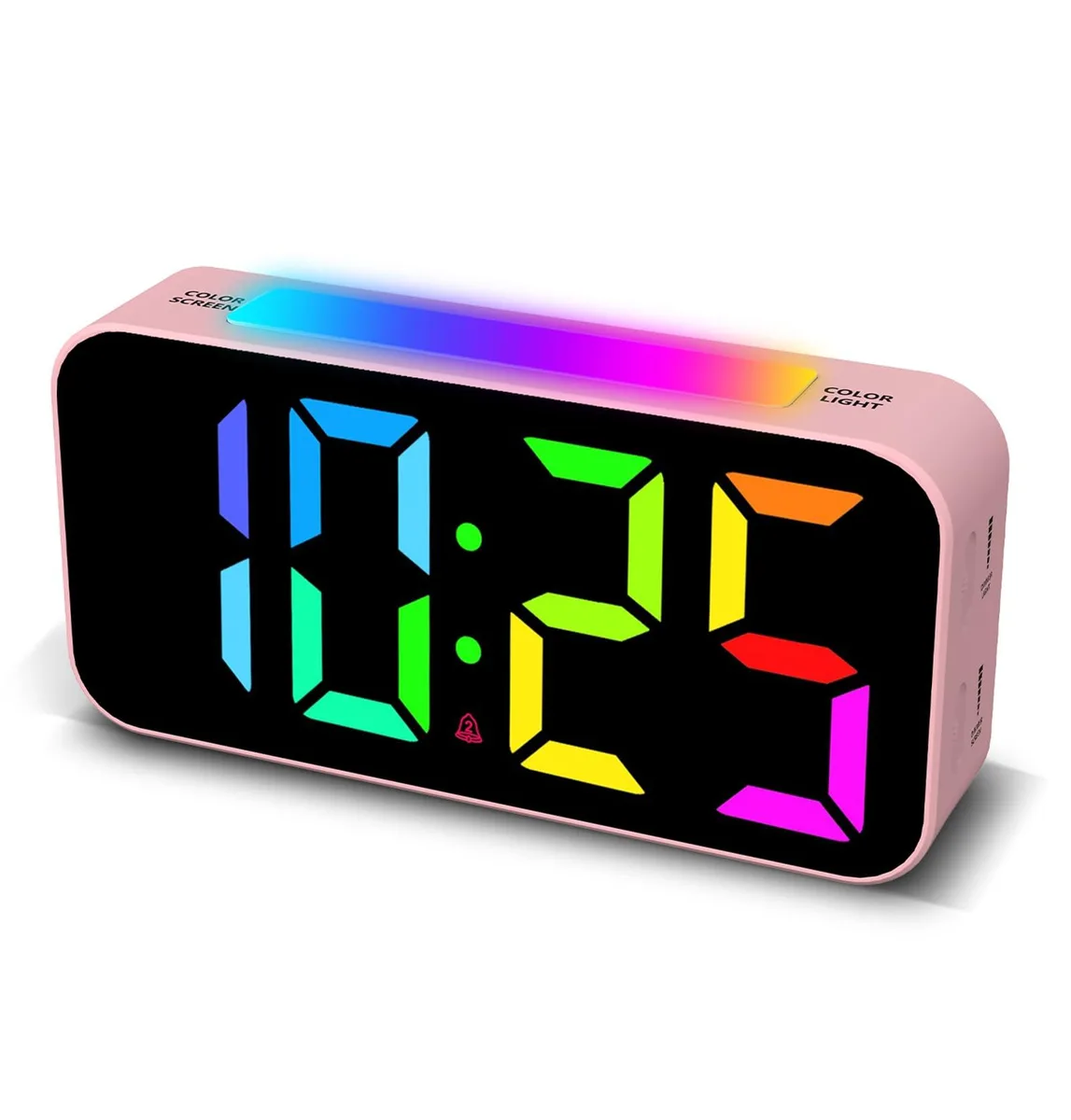 Pink digital alarm clock, 6.5 inches wide, rectangular with large LED display and RGB night light