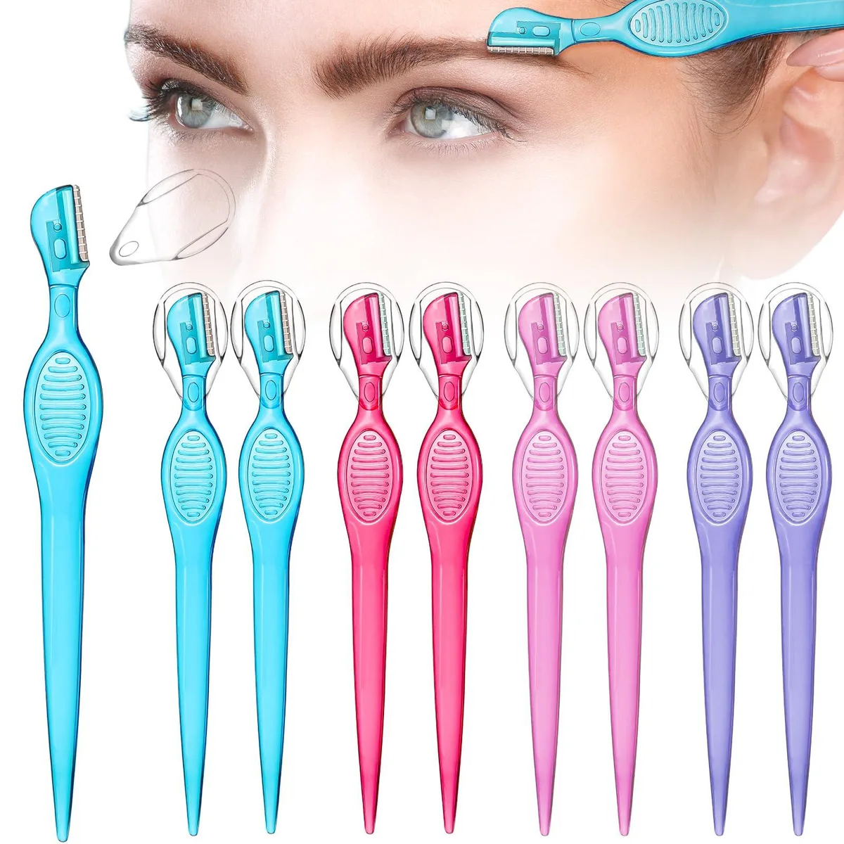 Eight eyebrow razors with plastic handles and safety covers in blue pink red purple