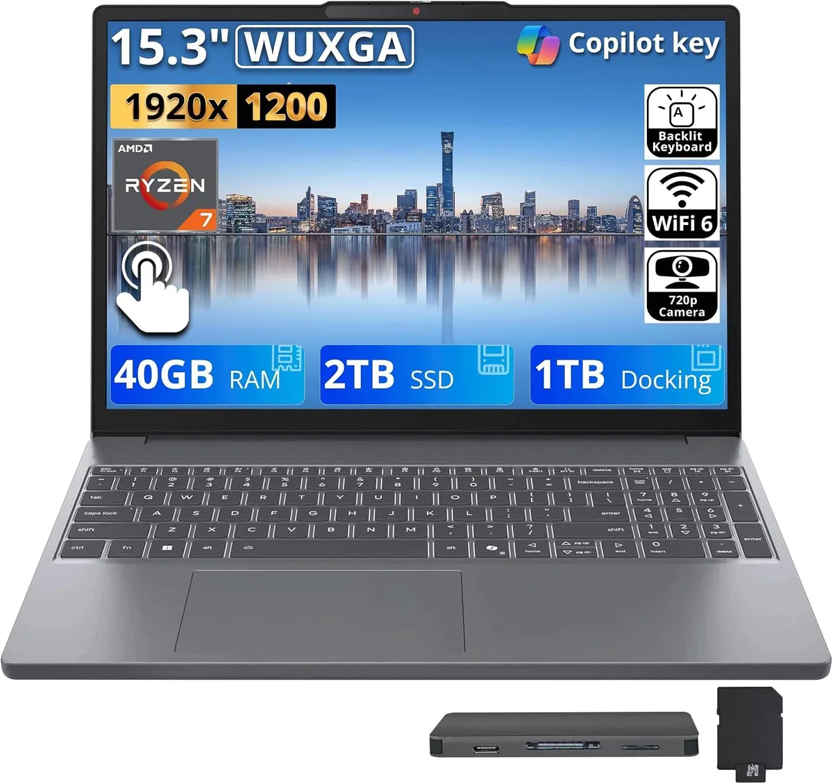 Lenovo Lenovo IdeaPad Slim 3 business laptop AMD Ryzen 7 8840HS 40GB DDR5 2TB SSD 15.3" WUXGA touchscreen Luna Gray — product photo