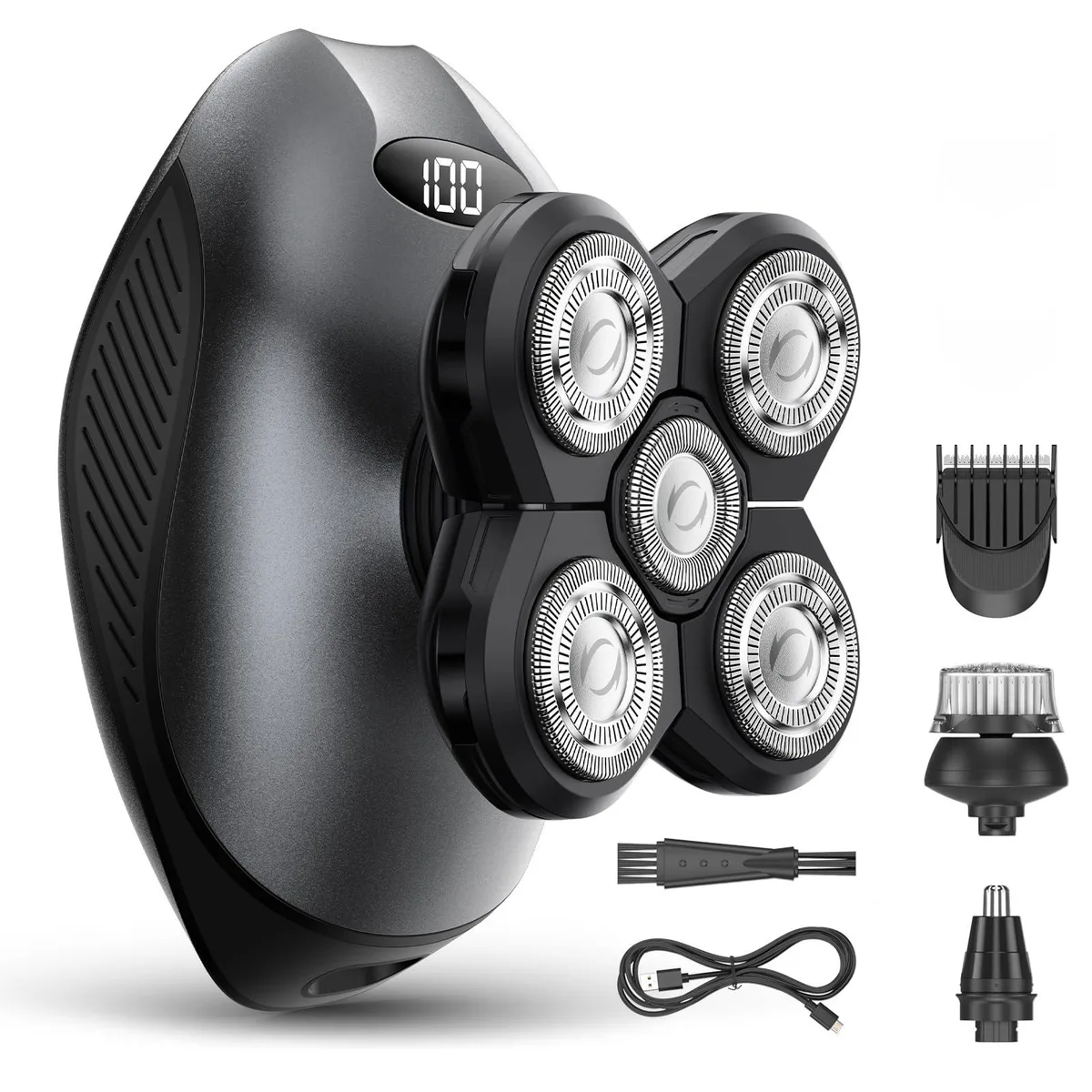 Gray rotary shaver with five floating heads and detachable trimmer attachments