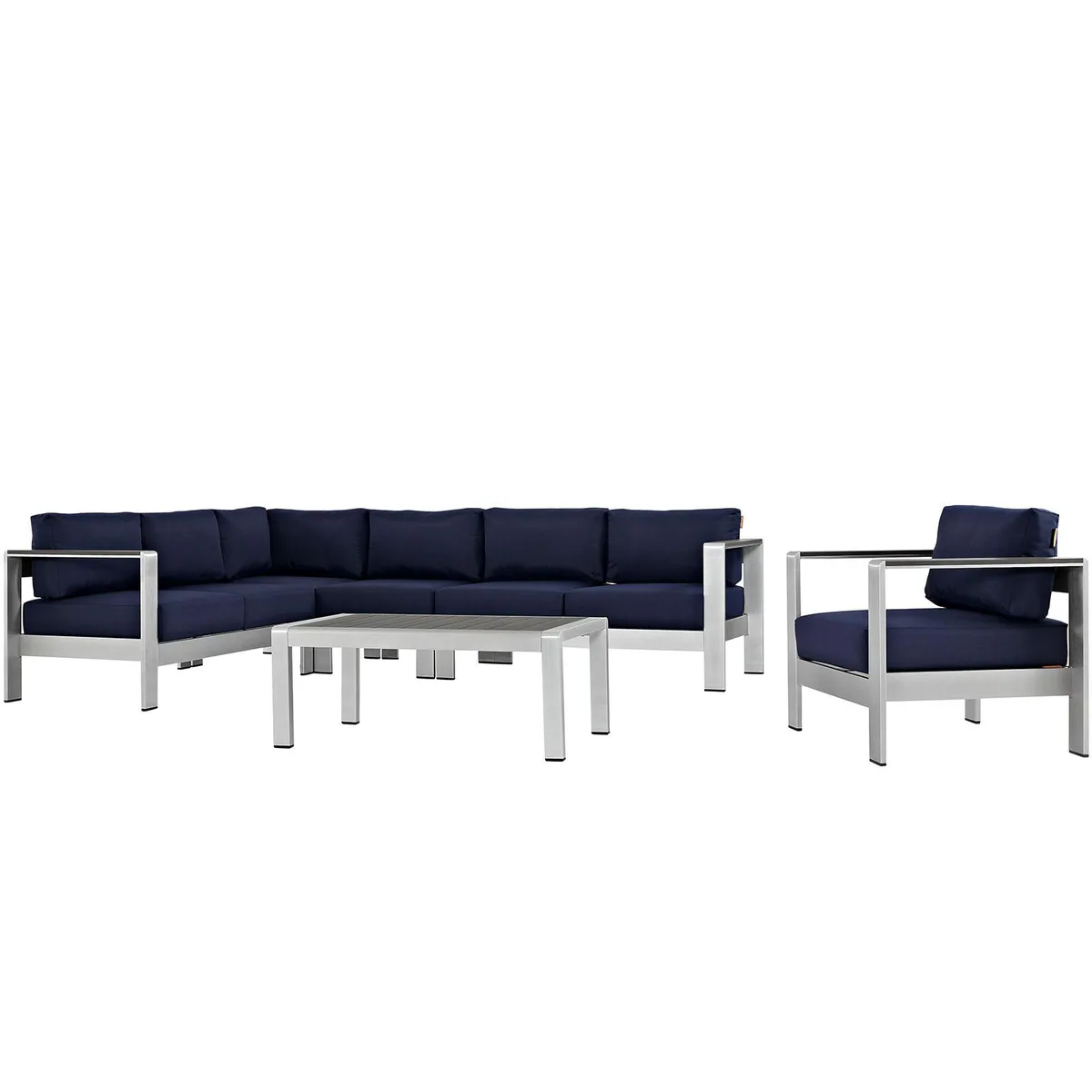Modway Furniture Modway Furniture Shore 6-Piece Aluminum Sectional Sofa Set Silver Navy — product photo