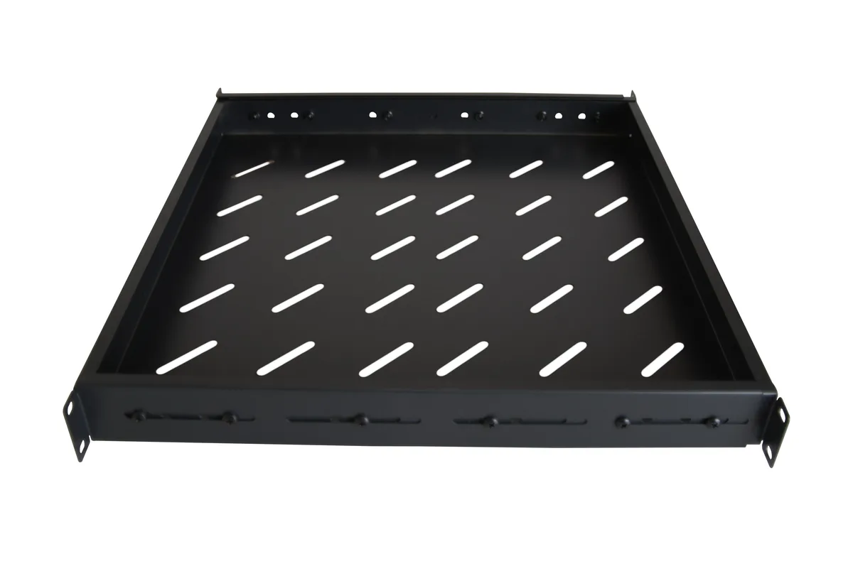 Black vented steel shelf, 1U height, 19 inch rack mount, adjustable depth 11 to 33 inches