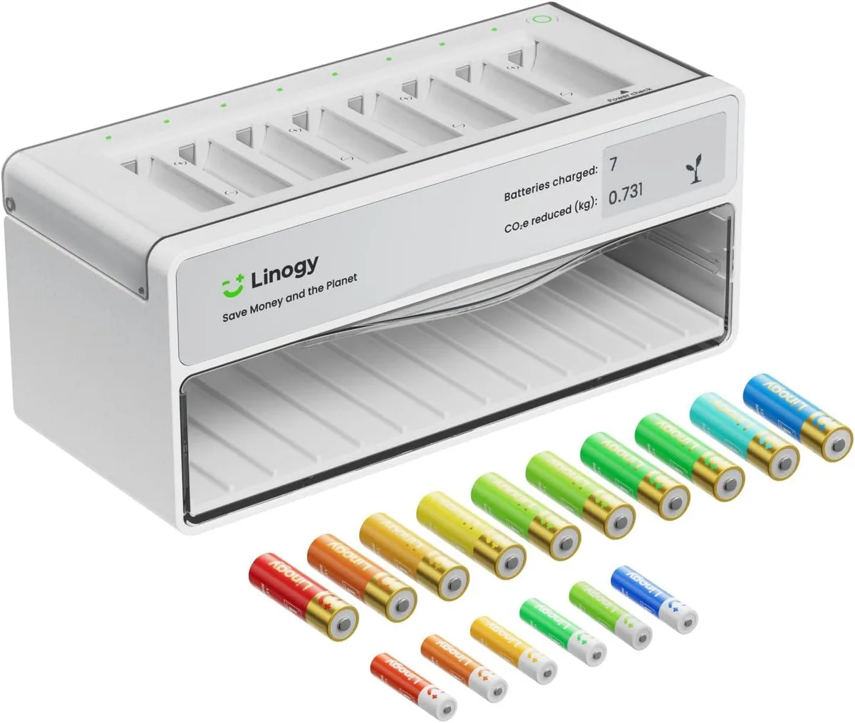 Eight-slot charger with e-ink display, ten AA batteries, auto-release storage for forty cells