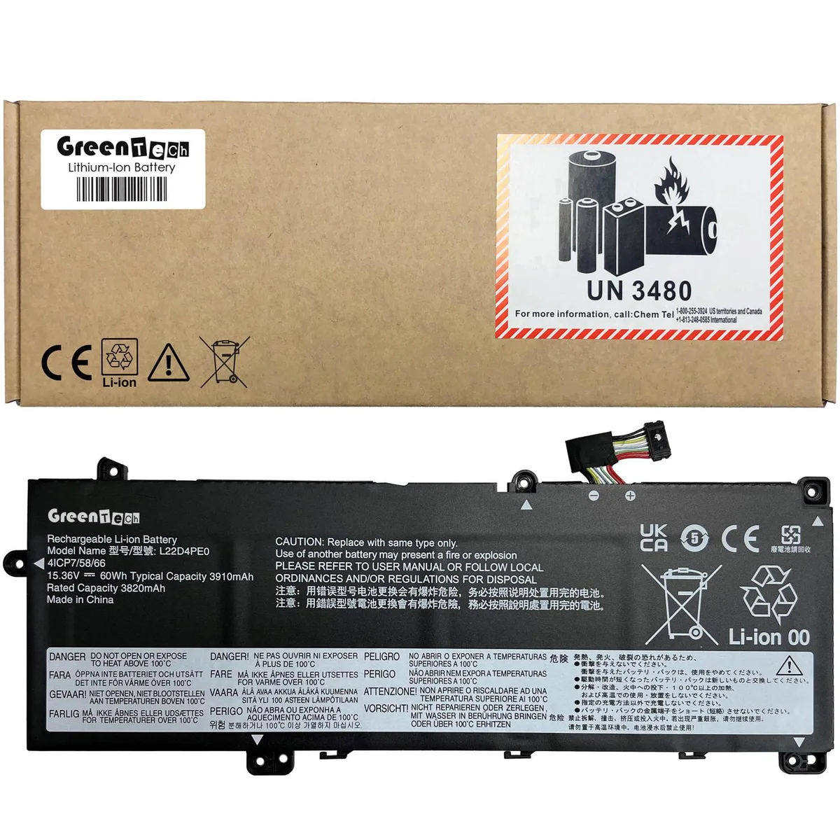 GreenTechLLC GreenTechLLC GTS-L22B4PE0-60WH 60WHR 15.36V 4 Cell laptop battery — product photo